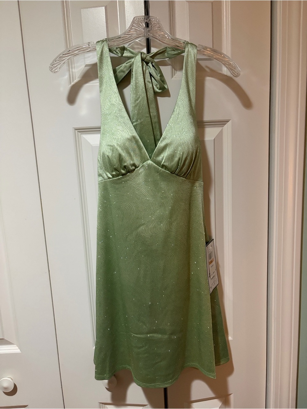 B Darlin Sage Green Sparkle Halter Juniors Mini Dress